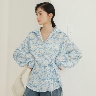 Long-sleeve Print Tie-strap Shirt Blue Print - White - One Size