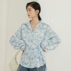 Long-sleeve Print Tie-strap Shirt Blue Print - White - One Size