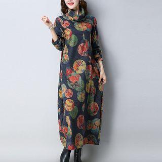 Floral Print Turtleneck Long Sleeve Midi Dress