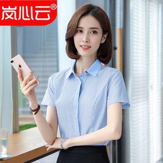 Pinstripe Short-sleeve Shirt/ Mini Pencil Skirt/ Slim-fit Dress Pants/ Set