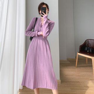 Long-sleeve Scallop Trim Knit Midi A-line Dress