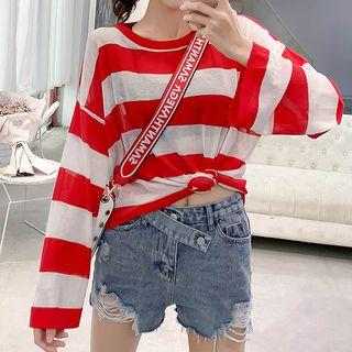 Long-sleeve Striped Knit Top / Frayed Hem Denim Shorts