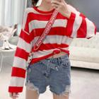 Long-sleeve Striped Knit Top / Frayed Hem Denim Shorts