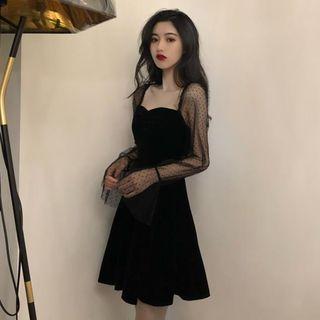 Bell-sleeve Mini A-line Dress Black - One Size