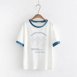 Contrast-trim Printed Round-neck Short-sleeve Top White - One Size
