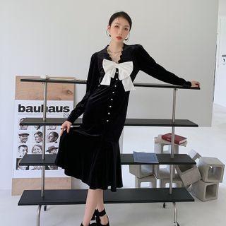 Long-sleeve Bow Accent Velvet Midi Dress