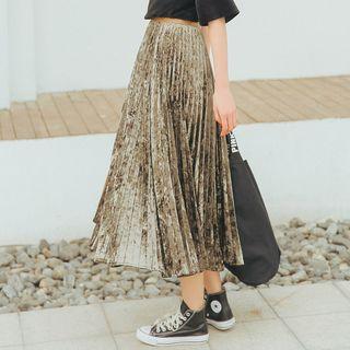 Accordion Pleat Midi Metallic Skirt