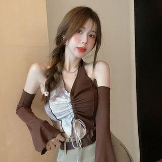 Halter-neck Paneled Drawstring Top Coffee & White - One Size