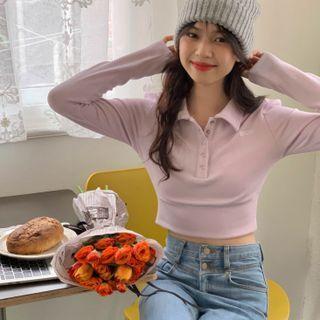 Long-sleeve Lettering Knit Cropped Polo T-shirt