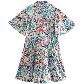 Bel-sleeve Print Mini A-line Dress