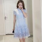 Short-sleeve Mandarin Collar A-line Lace Dress