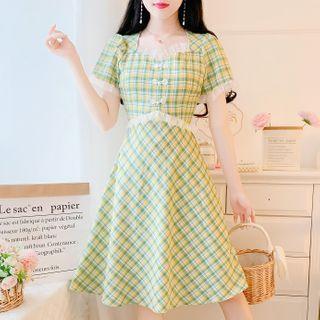 Short-sleeve Plaid Frog-buttoned A-line Midi Dress