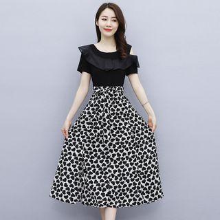 Short-sleeve Heart Print Panel Midi A-line Dress