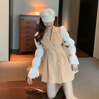 Puff-sleeve Mesh Panel A-line Blazer Dress