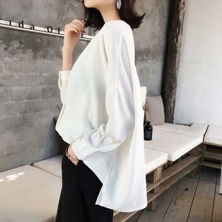 Plain V-neck Long-sleeve Loose-fit Blouse