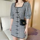 Check Frog Buttoned Puff-sleeve Slim-fit Dress
