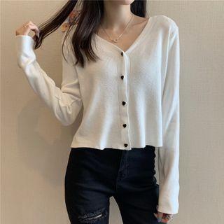 Long-sleeve V-neck Button-up Knit Top