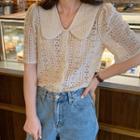 Short-sleeve Collared Floral Lace Blouse Almond - One Size