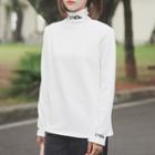 Embroidered Long-sleeve Mock Neck T-shirt