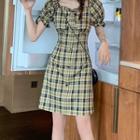 Balloon-sleeve Plaid Ruffled A-line Dress