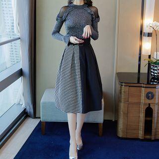 Set: Long-sleeve Mesh Panel Ruffled Knit Top + Houndstooth Panel A-line Midi Skirt