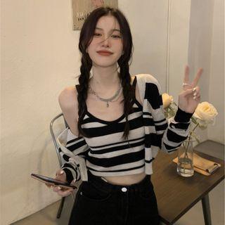 Set: Striped Knit Camisole Top + Cardigan Set - Striped - Black & White - One Size
