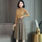 Set: Long-sleeve Turtleneck Top + A-line Midi Skirt