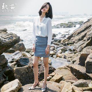 V-neck Plain Blouse / Dress Pants / Mini Pencil Skirt / Set