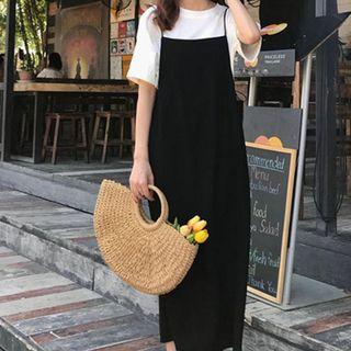 Spaghetti-strap Plain Dress Black - One Size