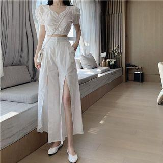 V-neck Puff Sleeve Ruched Crop Top / High Waist Front Split Wide Leg Pants