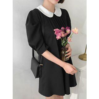 Contrast-collar Puff-sleeve Mini Dress