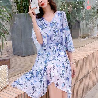 Floral Short-sleeve A-line Dress Purple - 3xl