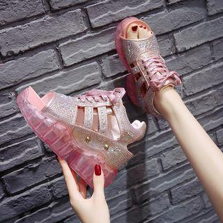 Rhinestone Accent Cutout Panel Wedge Platform Sandals