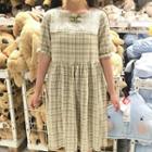 Lace Trim Plaid Elbow Sleeve Dress