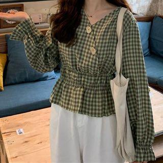 Checked Long-sleeve Peplum Top