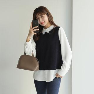 Crochet-collar Contrast-panel Blouse