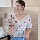 Short-sleeve Strawberry Embroidered V-neck Top