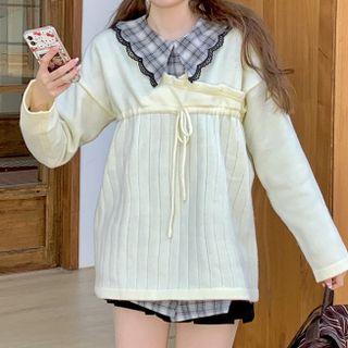 Drawstring Sweater / Long-sleeve Plaid Blouse
