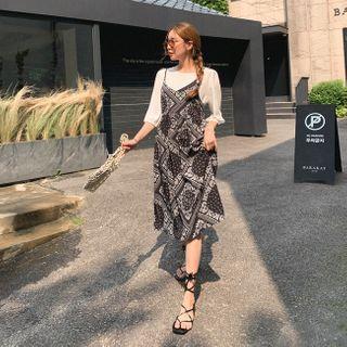 Set: 3/4-sleeve Top + Paisley Print Pinafore Dress