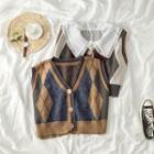 Set: Ruffled Long-sleeve Shirt + Print Knit Vest