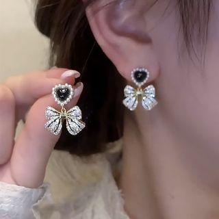Heart Bow Rhinestone Alloy Dangle Earring F28 - 1 Pair - Love Heart - Black - One Size