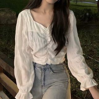 V-neck Plain Ruched Long-sleeve Shirt