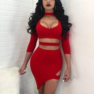 3/4-sleeve Halter Cut-out Mini Sheath Dress