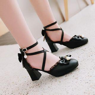 Lace Trim Ribbon Accent Block Heel Pumps
