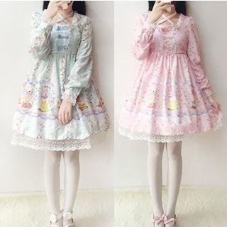 Long-sleeve Print A-line Dress / Headpiece /set