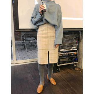 Slit-front Check Wool Blend Skirt