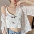 Short-sleeve Lace Jacket / Flower Embroidered Cropped Camisole Top