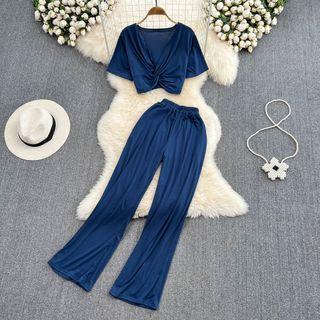 Set: Short Sleeve V-neck Knot Crop Top + Wide Leg Pants