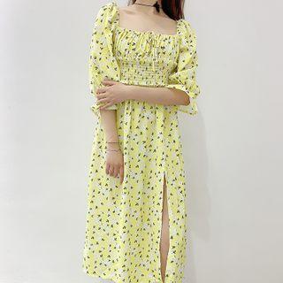 Flower Print Lantern-sleeve Midi A-line Dress