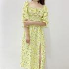 Flower Print Lantern-sleeve Midi A-line Dress